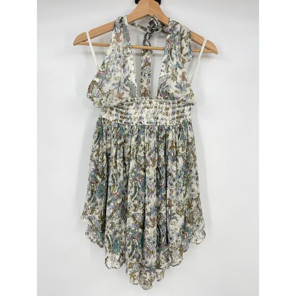 Rococo Sand | Braw Halter Smocked Mini Dress In Multi Paisley Floral Print S - Picture 3 of 13